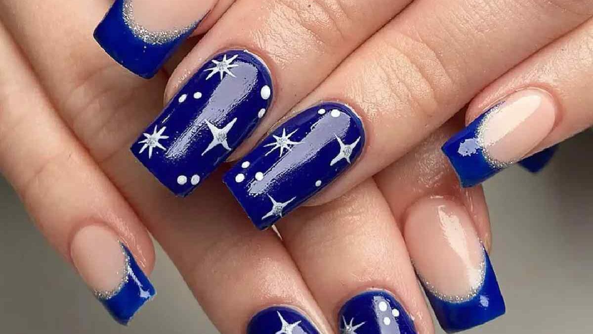 Blue Nails with Diamonds -Types of Manicure